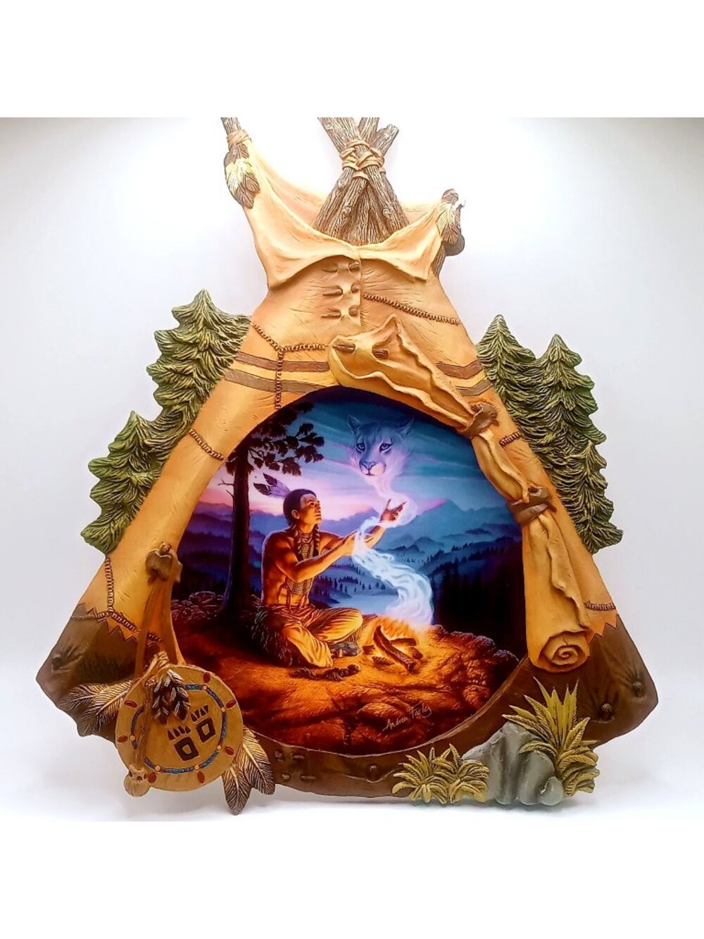 Native American 3D Wall Art Sculpture Plate Teepee Campfire Spirit Animal Scene